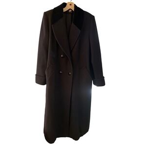 J&D Wool Coat Black Double Breasted Longline Velvet Collar Made in USA Vintage